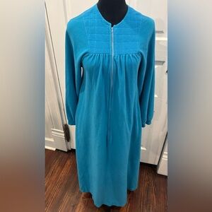 Shadowline Petite Vintage Fleece Zip Up Blue Nightgown Sz Sm